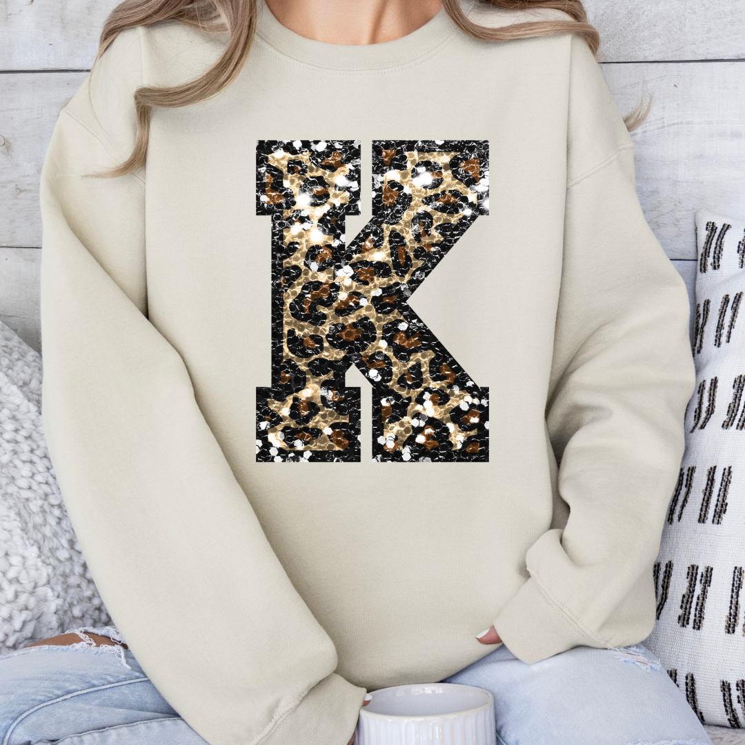 Cheetah Initial (DTF - Direct to Film - Faux Cheetah Initial - Gildan Tan Sweatshirt)